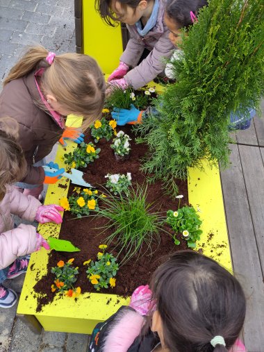 Kinder bepflanzen die Kübel